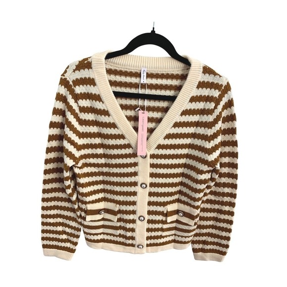 Casly Lamitt Sweaters - Boutique Cardigan Sweater Small Brown Stripe Pearl Button Pockets
